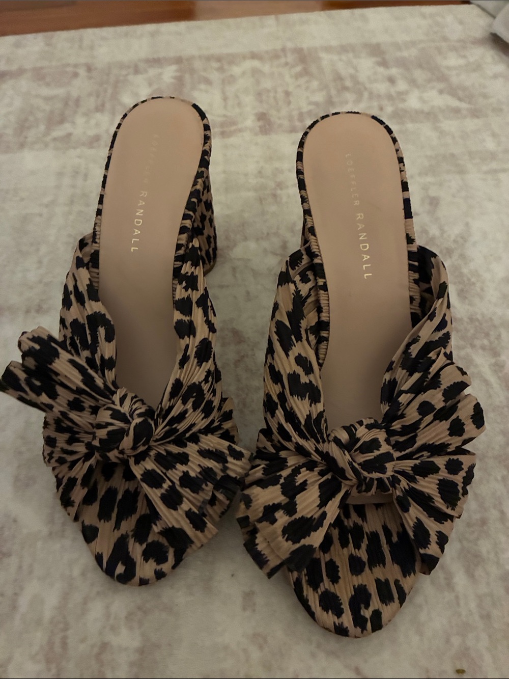 Loeffler Randall Leopard Knot Slide Mules in Tan and Black